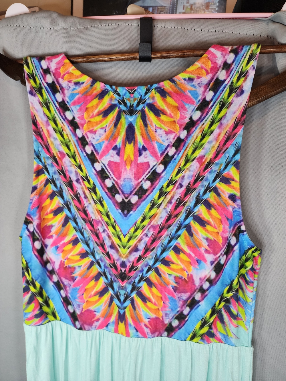 12 Pm By Mon Ami Mint Maxi Dress with Colorful Printed Bodice - Picture 4 of 11